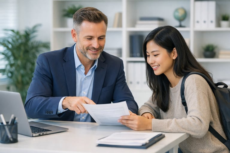 Professional migration consultant reviewing student visa documents with international student in clean, modern office setting Professional migration consultant reviewing student visa documents with international student in clean, modern office setting