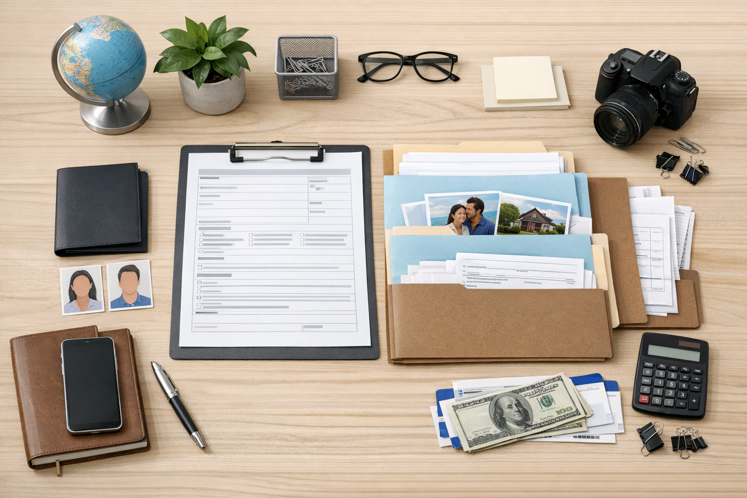 Clean workspace showing organized visa application documents and evidence files arranged systematically