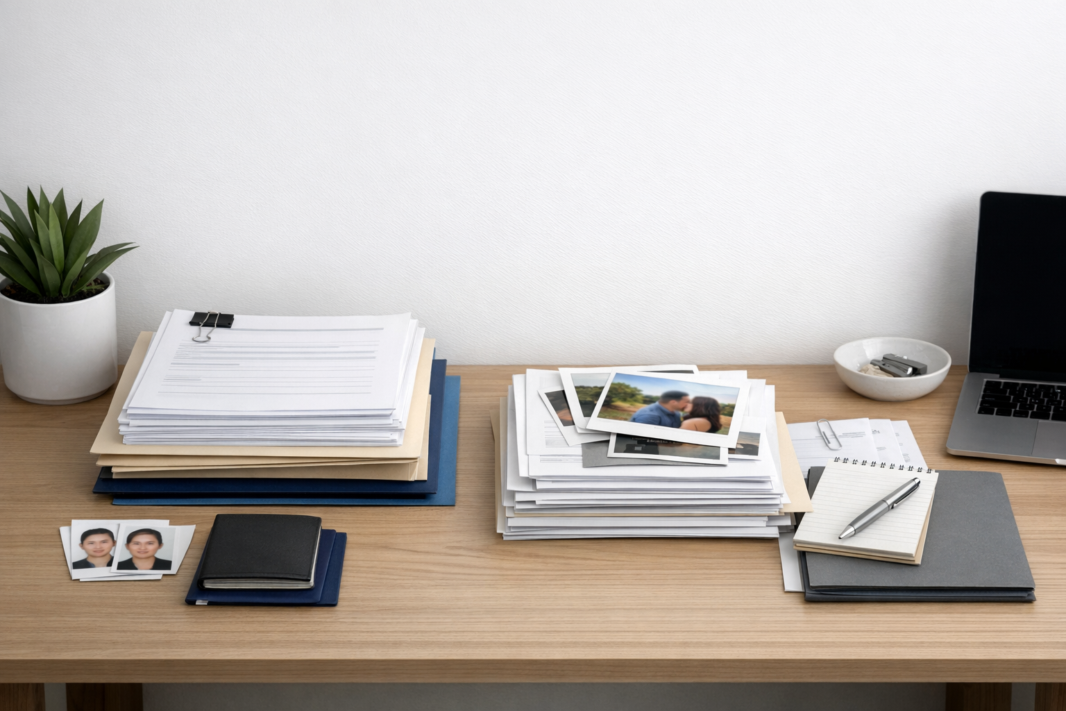 Minimalist desk setup with neatly stacked immigration documents and supporting evidence materials